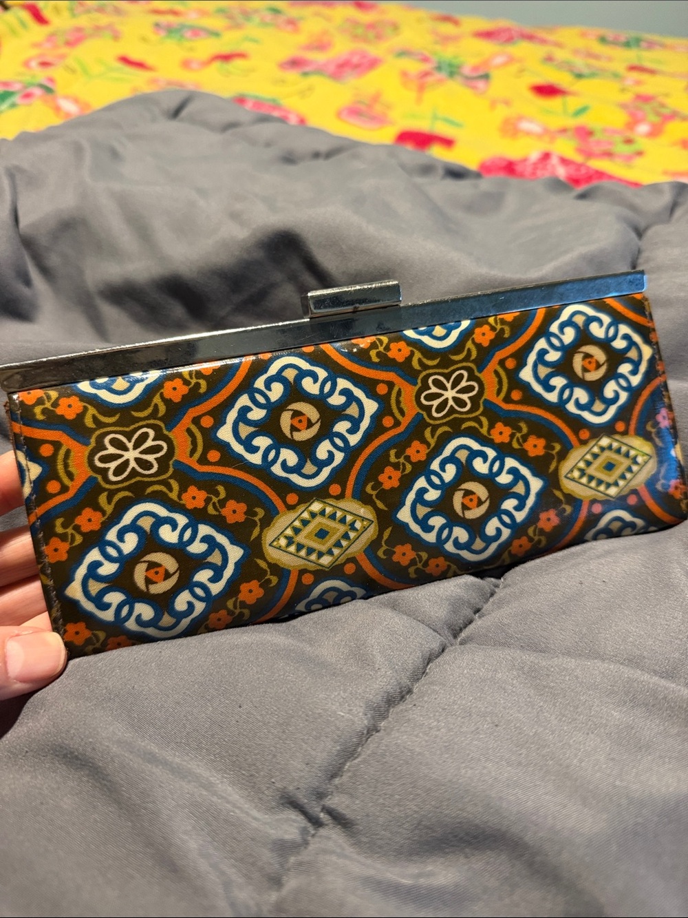 Patterned Women's Clutch Wallet in Brown and Blue